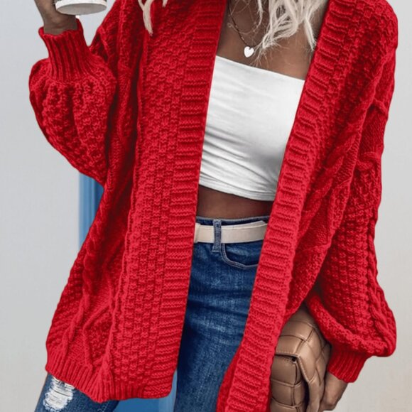 Red Casual Womens Oversized Cable Knit Open Front Lantern Sleeve Chunky Cardigan - Picture 5 of 5